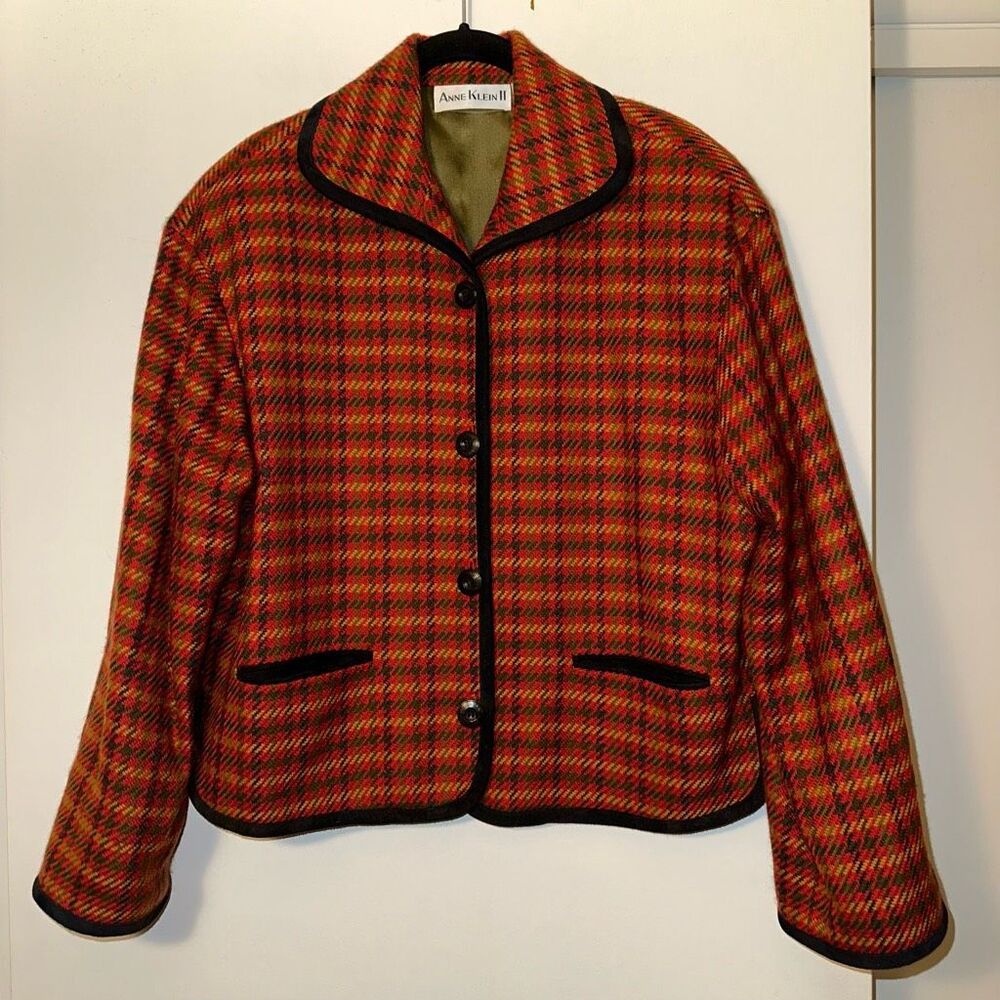 Anne Klein Vintage Womens Medium Wool Cashmere Blend Blazer Jacket Red Plaid